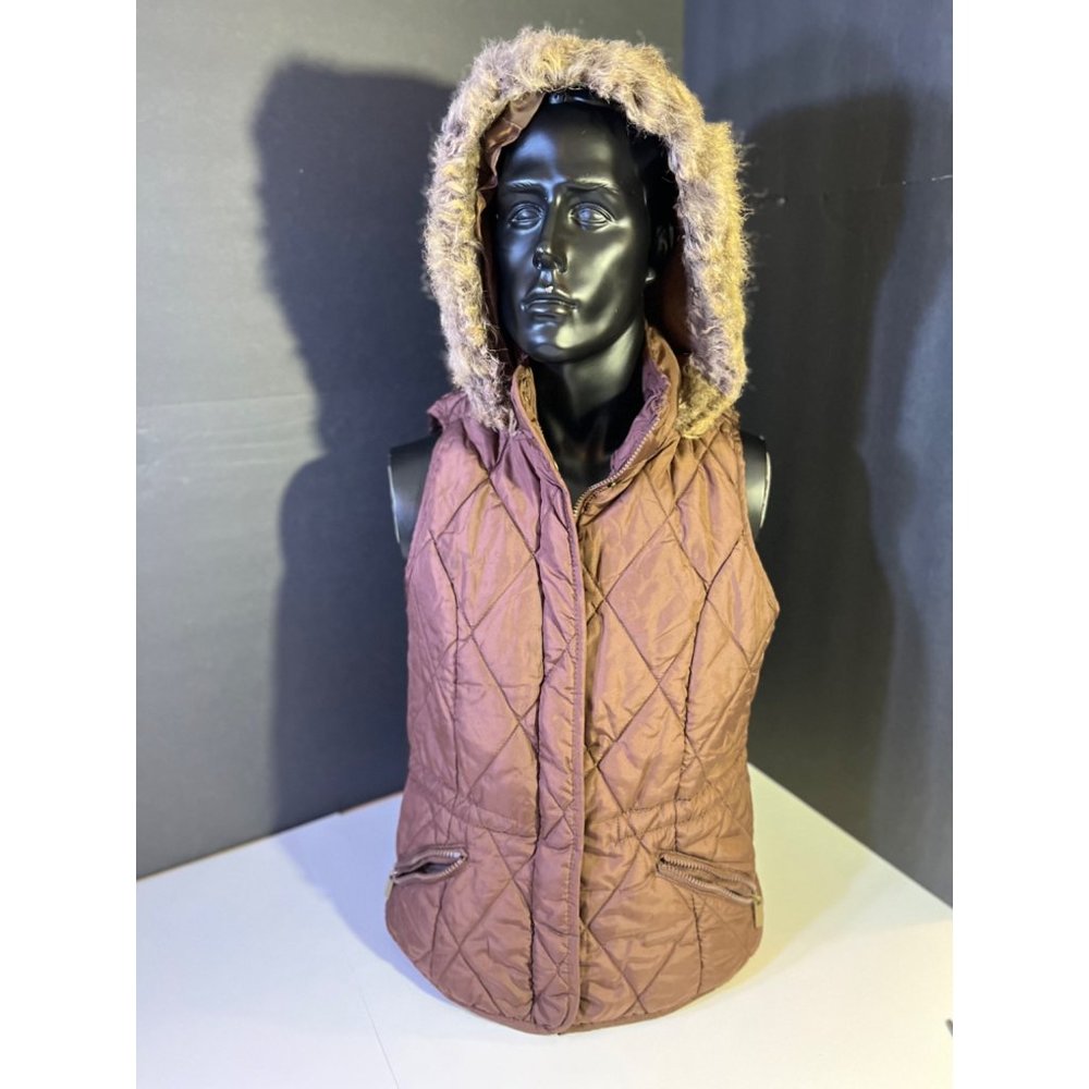 Laura Scott Vest Coat Brown with Furry Hoodie Medium
